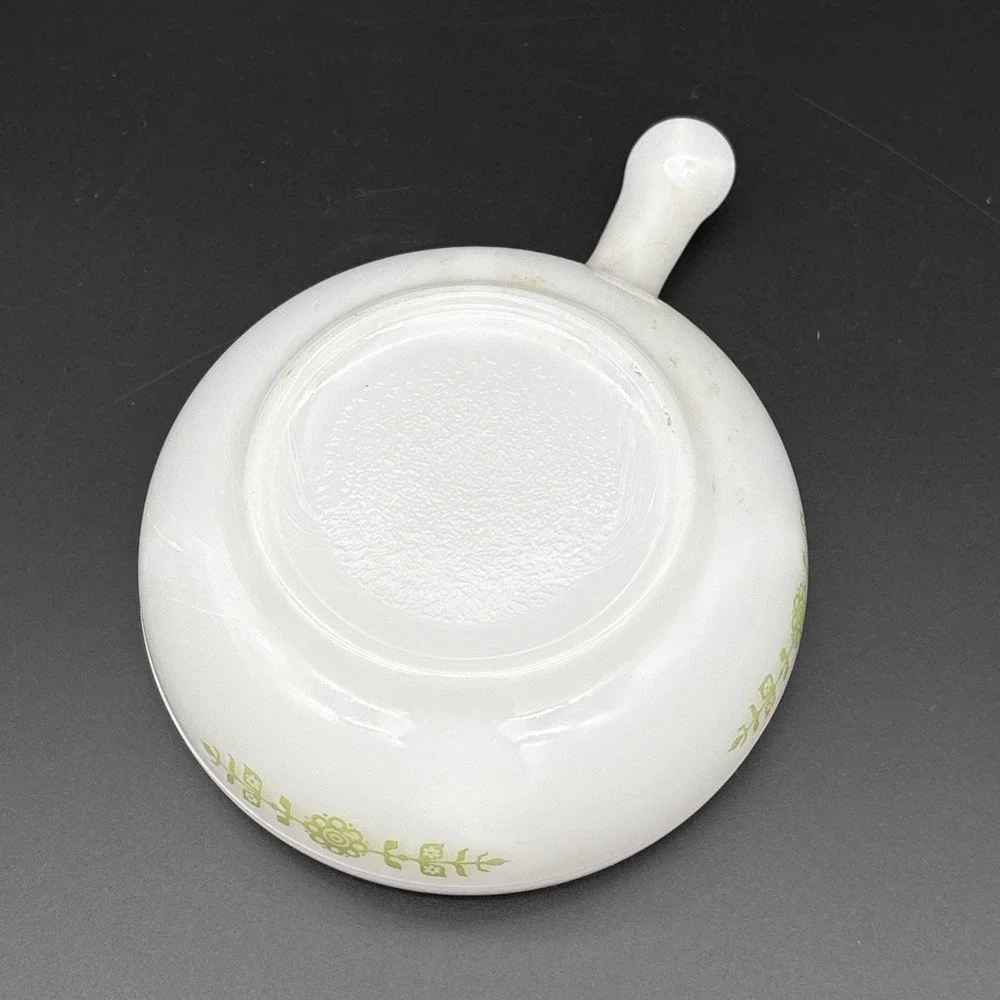 Vintage Glasbake Milk Glass Handled Soup Bowl Green Daisy Floral J-2639 MCM USA